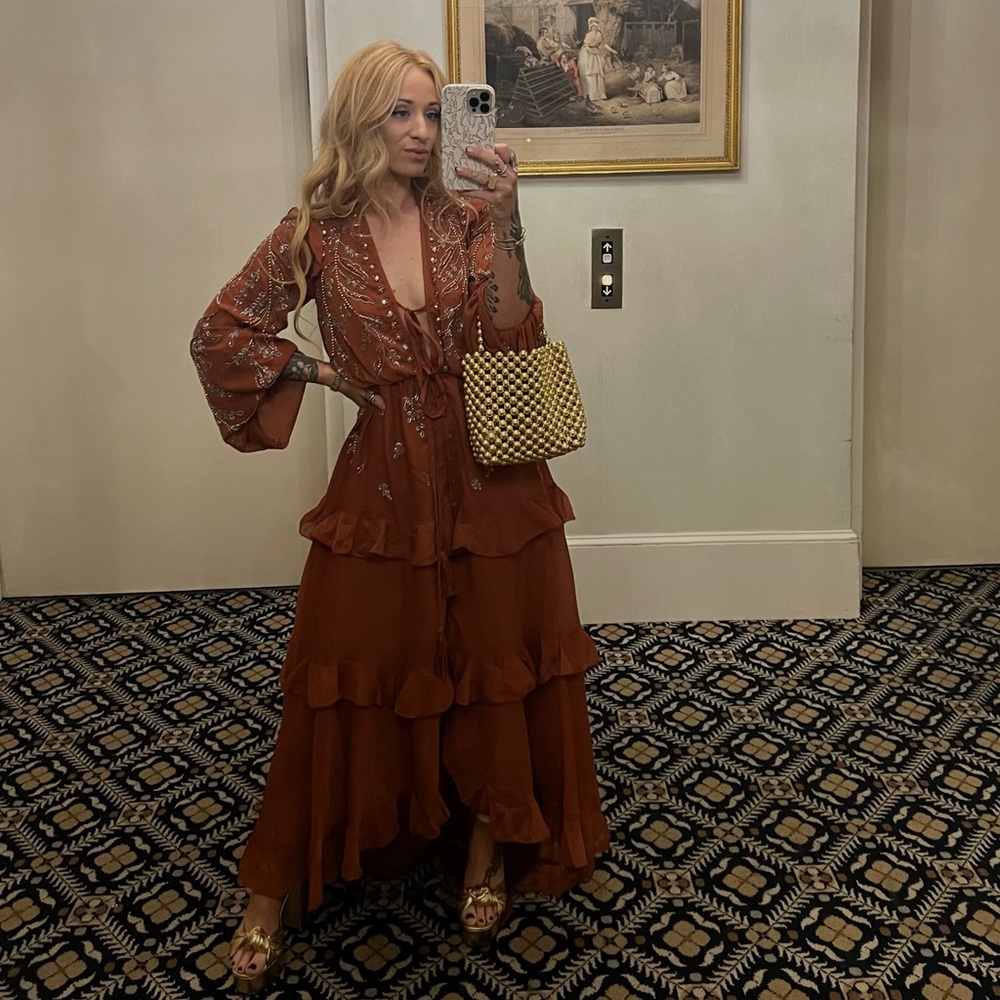 ASOS Rust Embroidered Long Sleeve Ruffle Maxi Dress - Picture 4 of 8